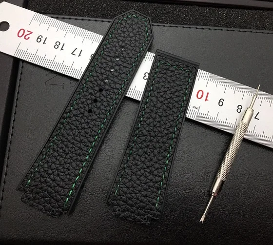 Black green line 29x19 мм настоящая мягкая коровья кожа с резиновым ремешком для часов Ремешок для Hublot ремешок для king power series концентратор логотип на с инструментами - Цвет ремешка: Black green line