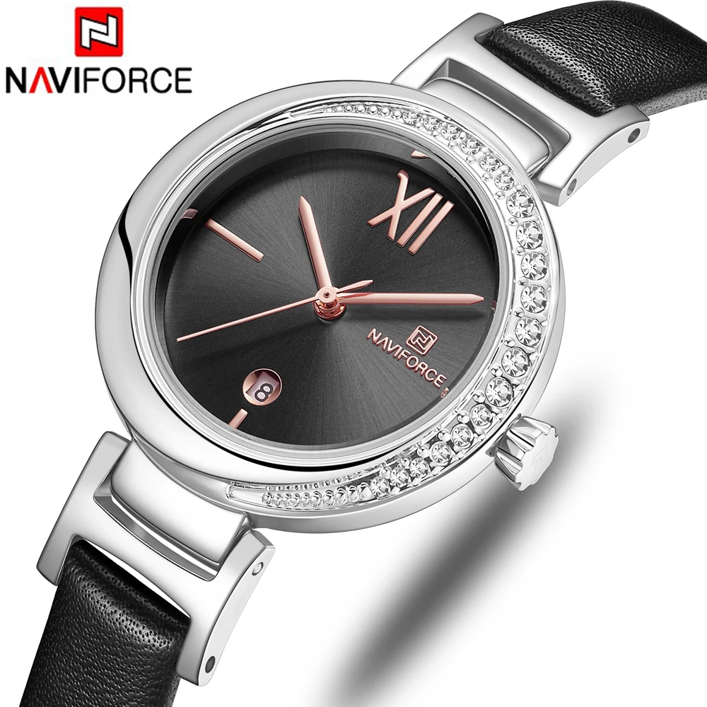 Часы наручные NAVIFORCE женские с ремешком из натуральной кожи брендовые
