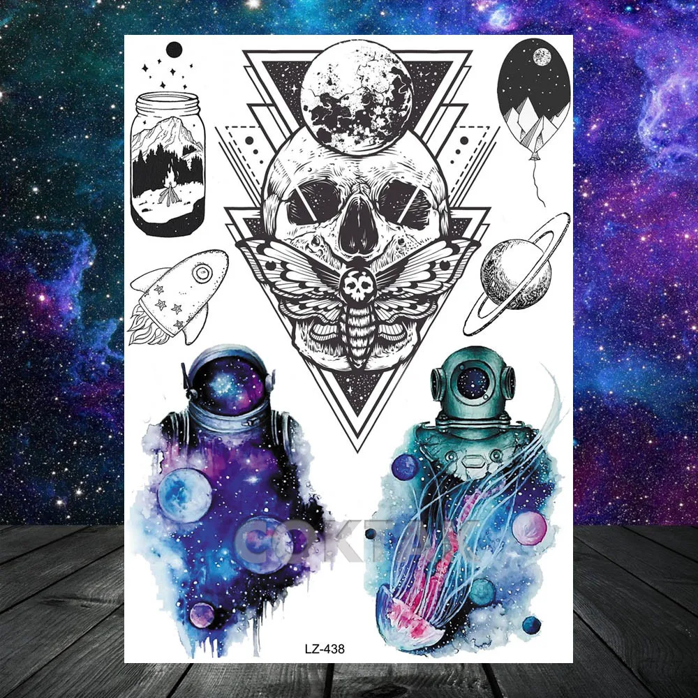 

3D Death Skull Star Planets Geometric Watercolor Temporary Tattoo For Kids Stickers Moon Men Fake Tattoo Women Arm Custom Tatoos