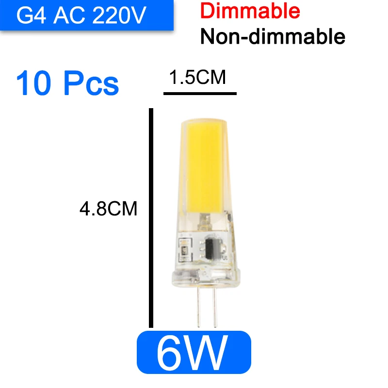 G4 6W AC220V 10Pcs 10 шт. COB затемненный светодиодный G4 светильник G9 светодиодный светильник 220V AC DC 12V светодиодный G9 3W 5W 6W SMD 2835 Светодиодный светильник ing заменить галогенные точечный светильник - Испускаемый цвет: G4 6W AC220V 10Pcs