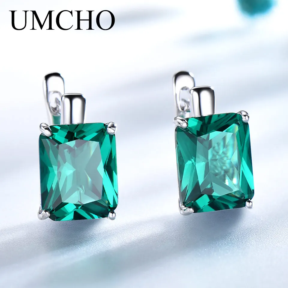 

UMCHO Luxury Rectangle Created Emerald Clip Earrings 925 Sterling Silver Colorful Gemstone Earrings For Women Christmas Gifts