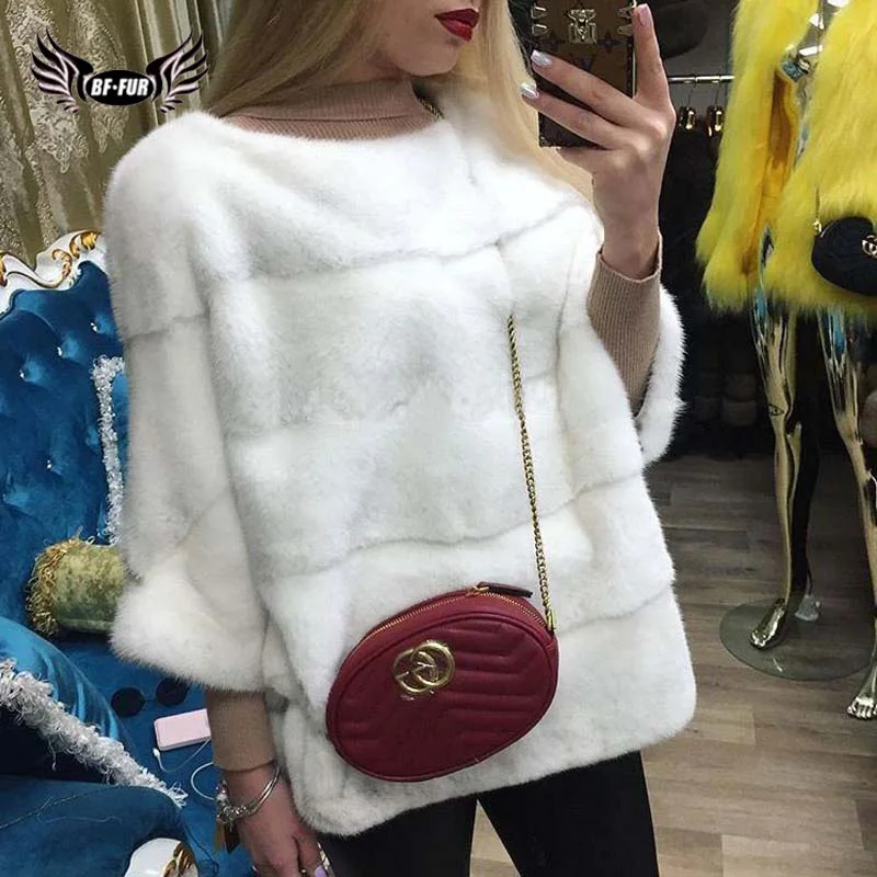 BFFUR женские пальто Зимняя мода тонкий мех норки пальто для женщин Подлинная Летучая мышь с рукавами лиса жилет o-образным вырезом лисий мех жилет 45 см - Цвет: White