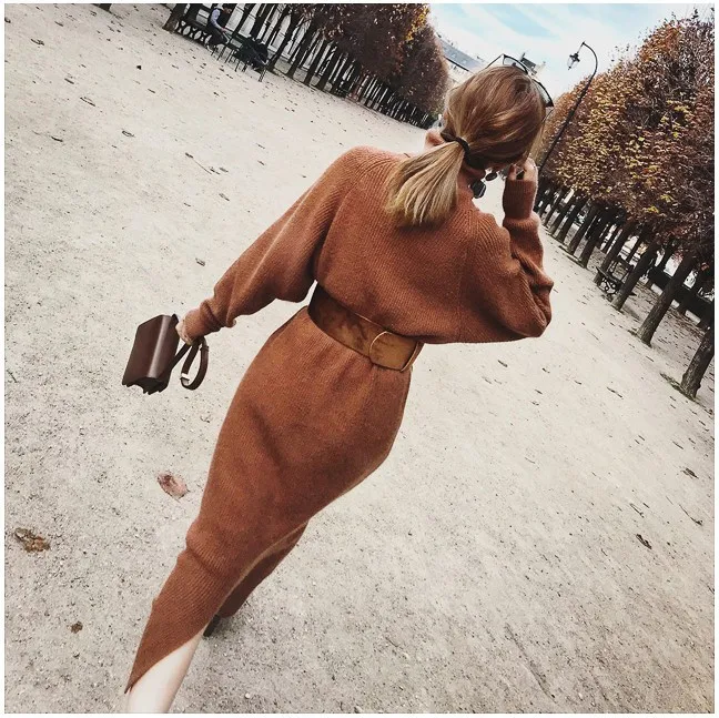 voceelinda 2019 Winter Women Warm Long Sleeve Knitted Sweater Dress Pullover Turtleneck Casual with Belt | Женская одежда