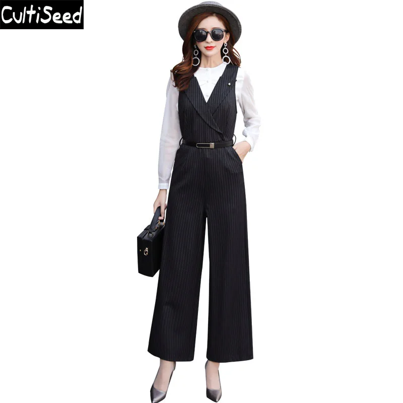 

2020 Female Striped Jumpsuits Rompers Women Elegant OL Office Work Wide Leg Pants One Piece Jumpsuits Rompers Clothes with Belt