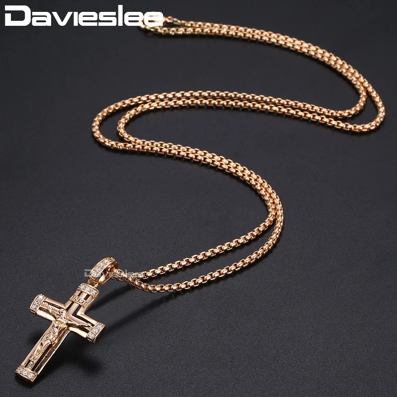 Davieslee крест кулон Цепочки и ожерелья для Для женщин 585 Rose Gold Filled Ясно Стразы Иисус