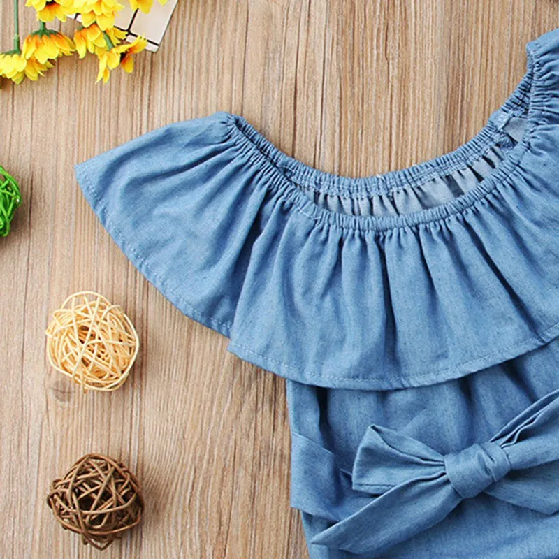 

2Pcs Newborn Kids Ruffles Denim Romper Baby Girls Front Bowknot Headband+ Jumpsuit Outfits Clothes