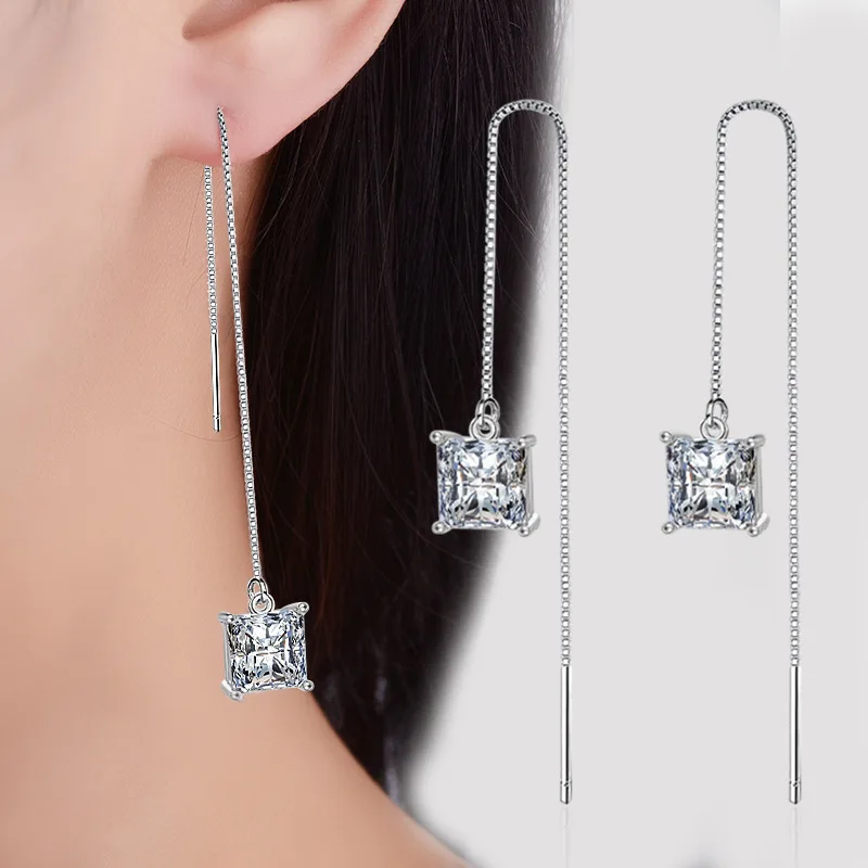 Женские Висячие серьги простые квадратные из серебра 925 пробы с кристаллами