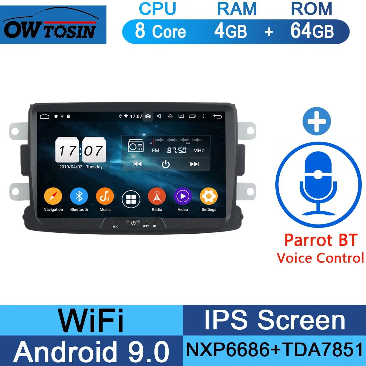 64G Parrot BT " ips 8 ядерный 4 Гб ram+ 64 Гб rom Android 9,0 автомобильный DVD радио gps для Renault Dacia Sandero Duster Lada Xray Logan 2 DSP CarPlay плеер - Цвет: 64G Parrot BT