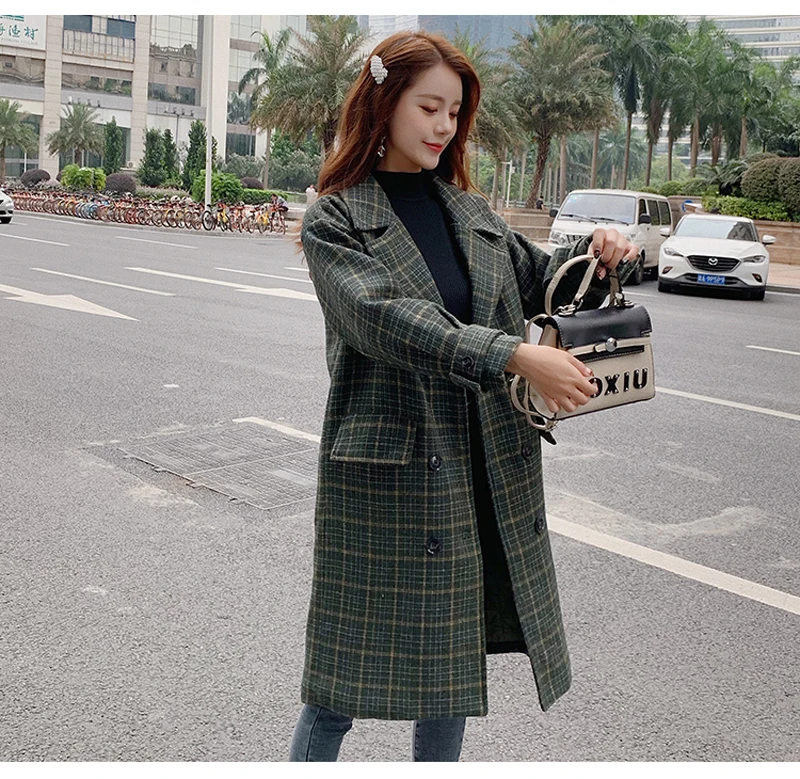 Zoki Loose Plaid Women Long Wool Blend Coat Fashion Winter Warm Jacket Elegant Double Breasted Autumn Fleece Outwear Plus Size