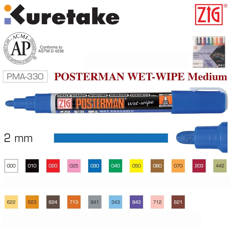 ZIG Kuretake Posterman поп маркеры PMA-330 мокрой салфетки Мел Средний 2 мм мокрого стираемого