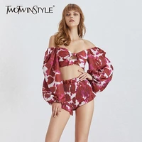 twotwinstyle sexy print beach women suit square neck lantern sleeve hollow out crop tops high waist shorts two piece set female