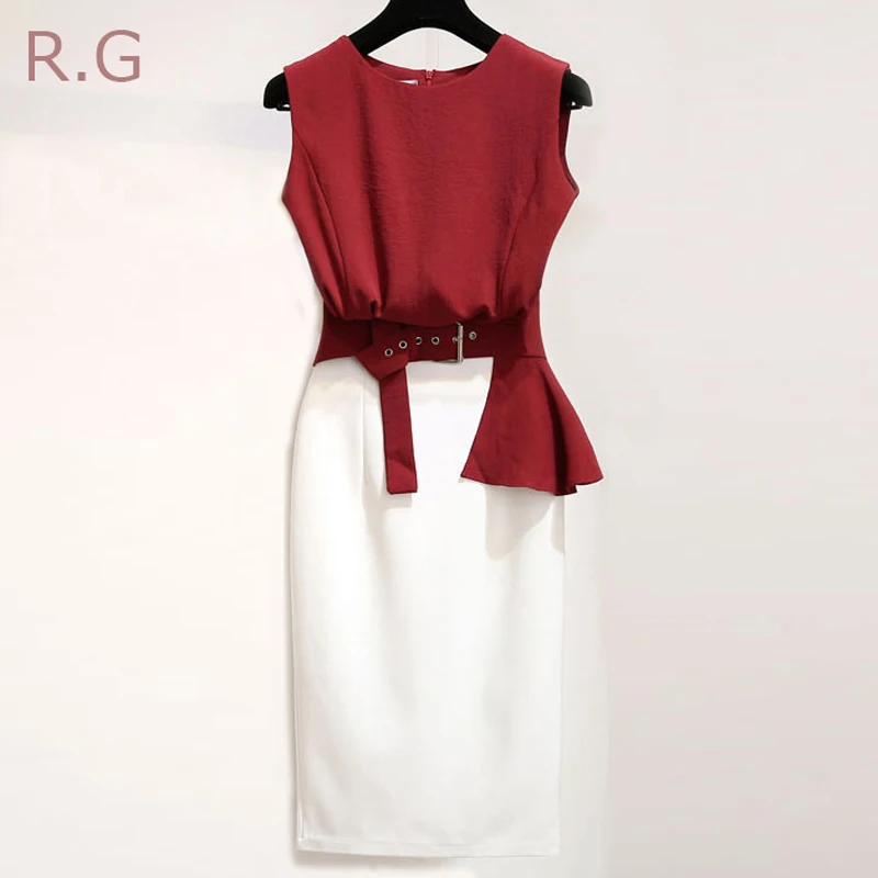 

RG Women OL Office Work Wear Skirt 2 Piece Set Wine Red Cotton Linen Sleeveless Crop Top Blouse Ruffle Sashes White Skirt Suits