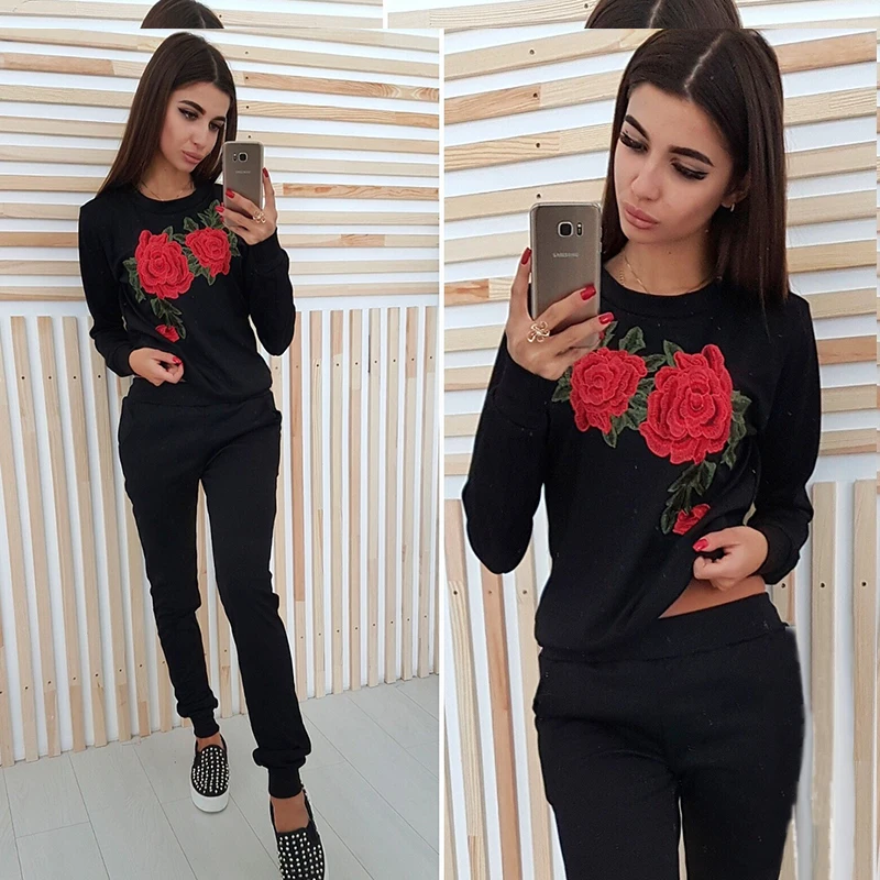 Вышитые розы Аппликация женские толстовки 2018 Осень Зима с длинным рукавом