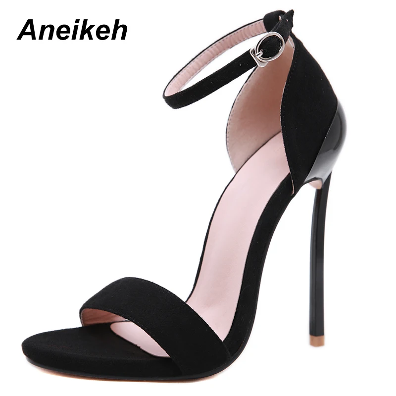 Aneikeh/женские босоножки из флока на каблуке Туфли-лодочки с ремешком на щиколотке в римском стиле на шпильке с открытым носком модельные туфли из органической кожи на очень высоком каблуке размеры 41, 42