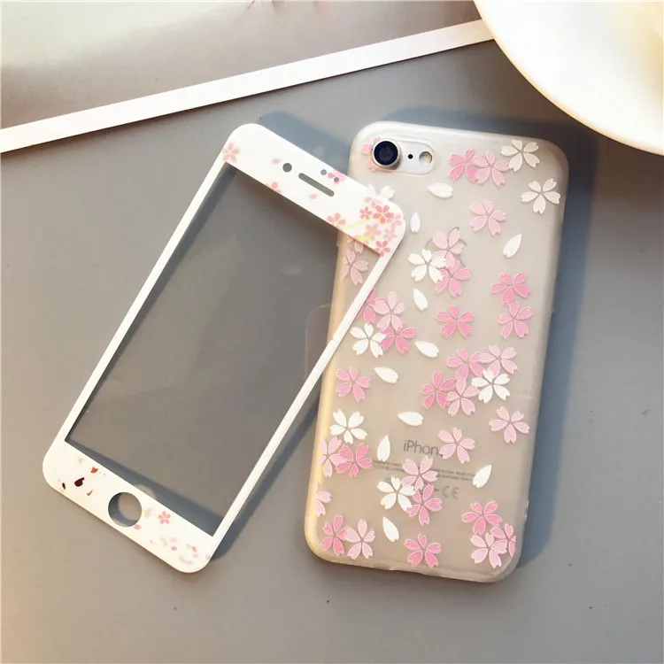For iphone 8 8Plus case blossom Soft Cover + Tempered Glass Screen Flim for iPhone 6 6S 6sPlus 7 7plus Sakura Cat |