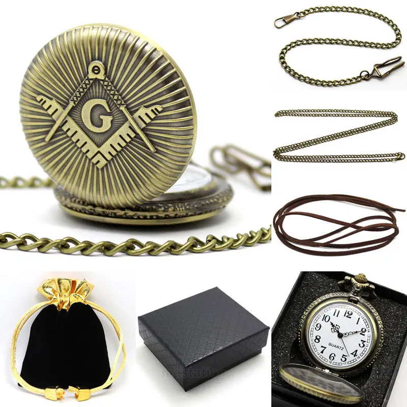 

Big "G" Quartz Pocket Watch Lot With Metal Pocket Necklace Leather Chain Box Bag P446CKWB