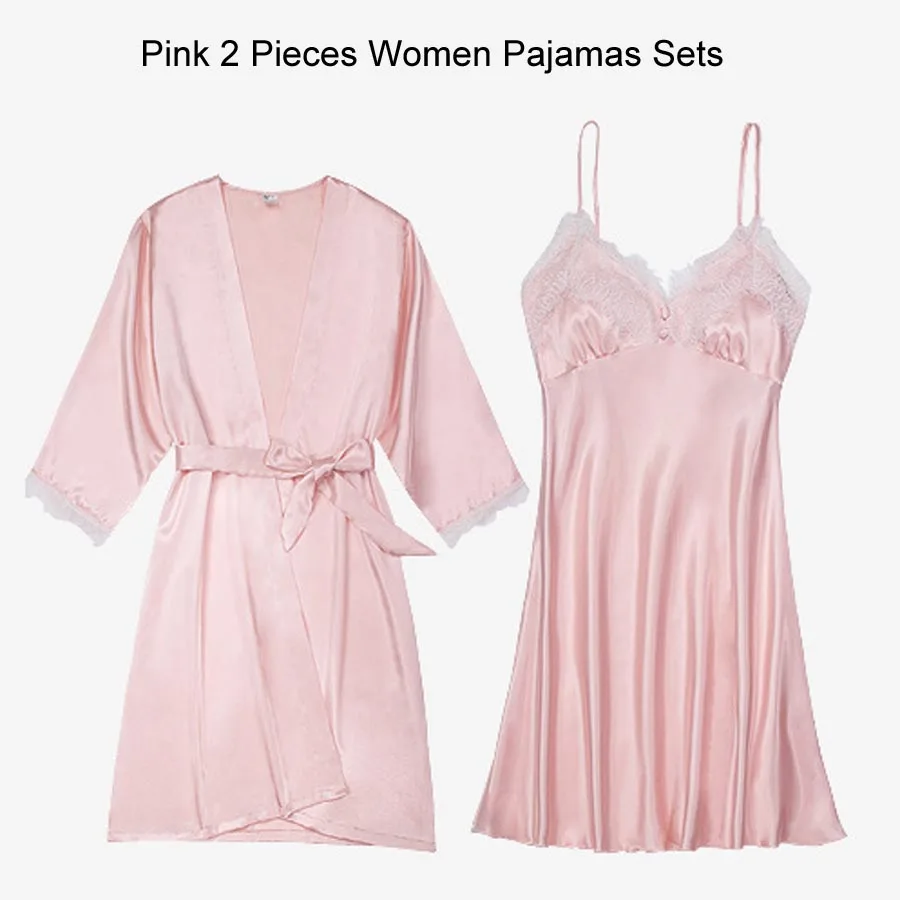 Pink Pajamas Set (5) Сексуальный халат и платье наборы для женщин атласная одежда для сна комплект из 5 предметов летний домашний вечерний комплект с платьем Slik кружевное ночное белье халат сексуальное ночное платье - Цвет: Pink Pajamas Set (5)