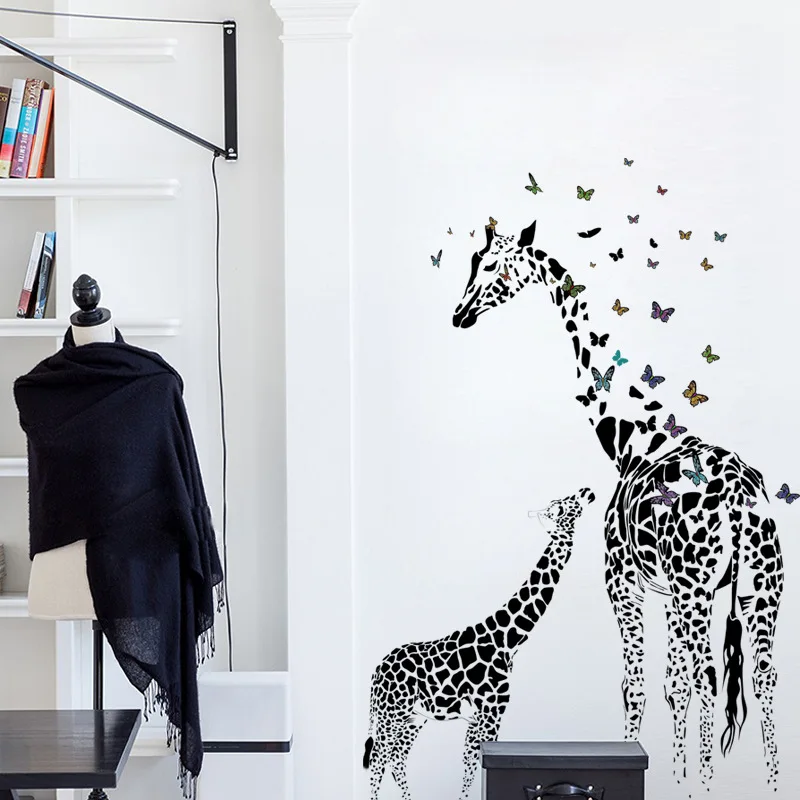 Черный Два жирафа Бабочка DIY виниловые наклейки на стену для детской комнаты