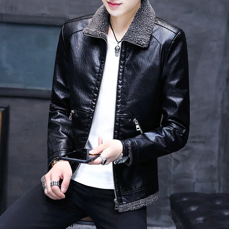 

New winter leather men's motorcycle leather PU leather jackets men's leisure add wool coat