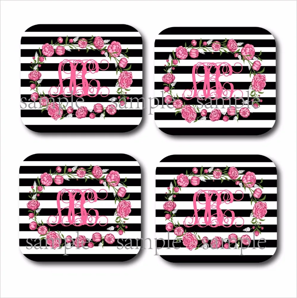 Набор из 4 монограммовых подстаканников черно-белые полосатые деревянные МДФ