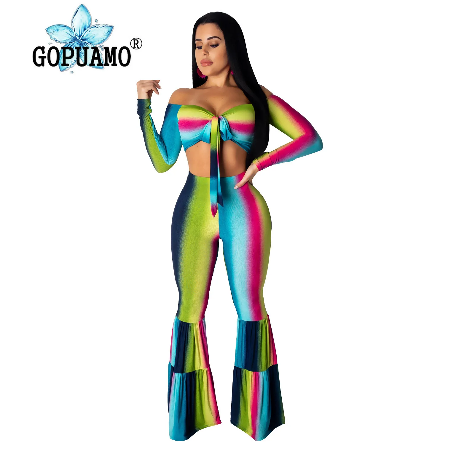 Женский костюм двойка градиентного цвета короткий топ с вырезом лодочкой и