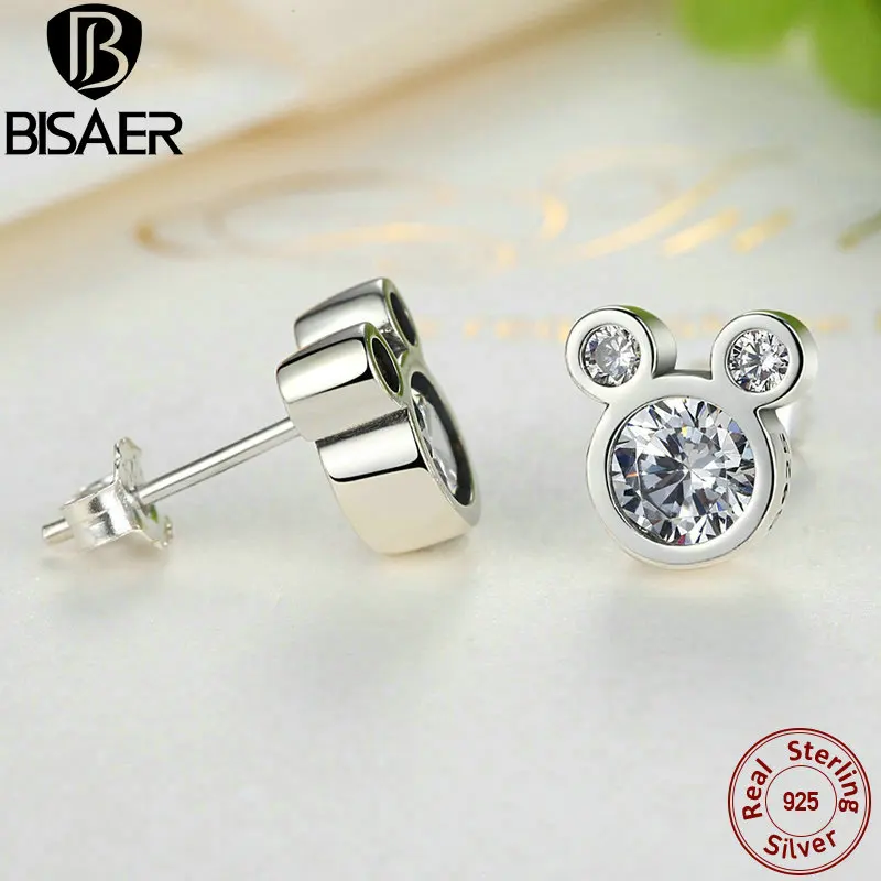 BISAER,, 925 пробы, серебряные серьги для женщин, мультяшная мышь, животное, дельфин, кошка, сверкающая Минни, серебряные 925, ювелирные изделия