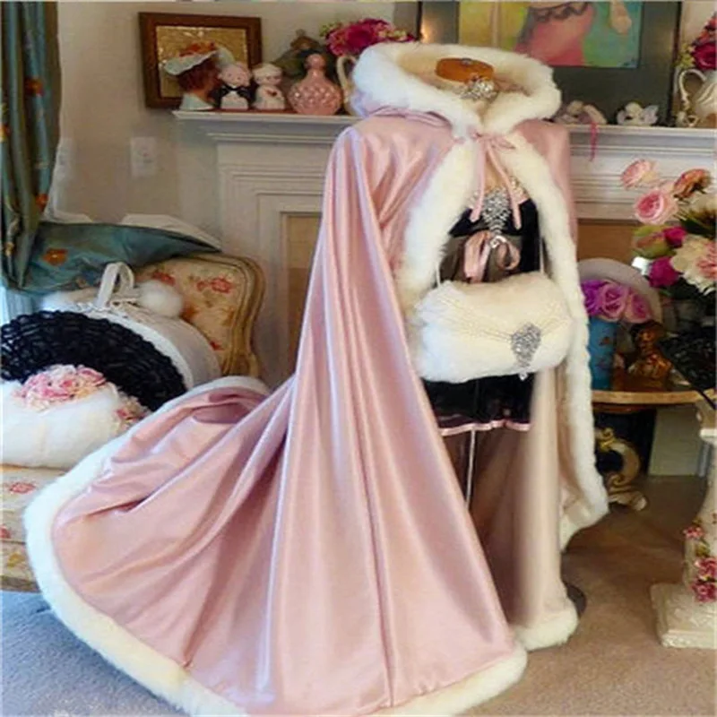 light pink Длинный искусственный мех отделка атласная Свадебная накидка с капюшоном Свадебная накидка зимнее свадебное платье шаль куртка - Цвет: light pink