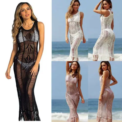 New Fashion Women Sexy Simple Tassel Beach Wear Bikini Cover Up Swimwear Sheer Sarong Dress Women's Hollow Out Summer Sunsuit | Женская