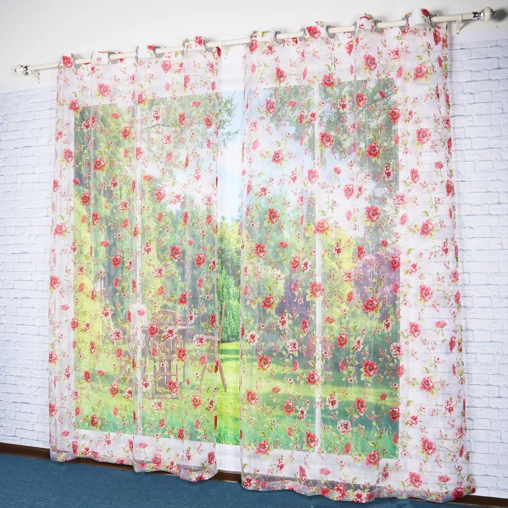 Оконная занавеска прозрачная красная с цветочным принтом для дома гостиной