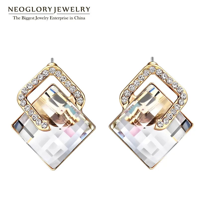 Женские серьги гвоздики Neoglory белый австрийский горный хрусталь розовое золото