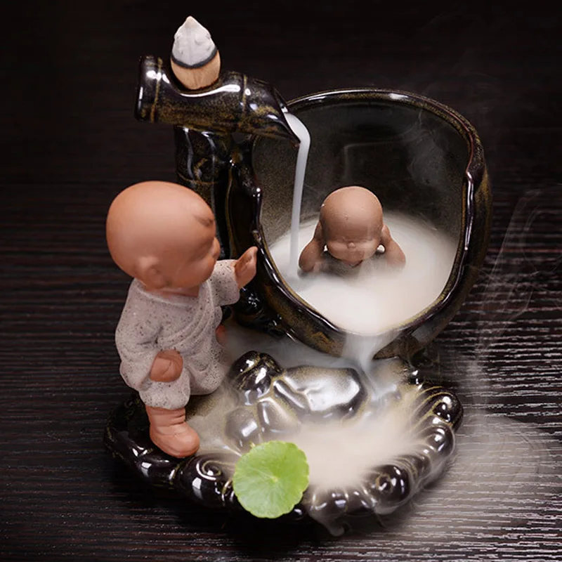Backflow Incense Burner Home Decor Ceramic Little Monk Small Buddha Holder Aromatherapy Censer + 10Pcs Cones | Дом и сад
