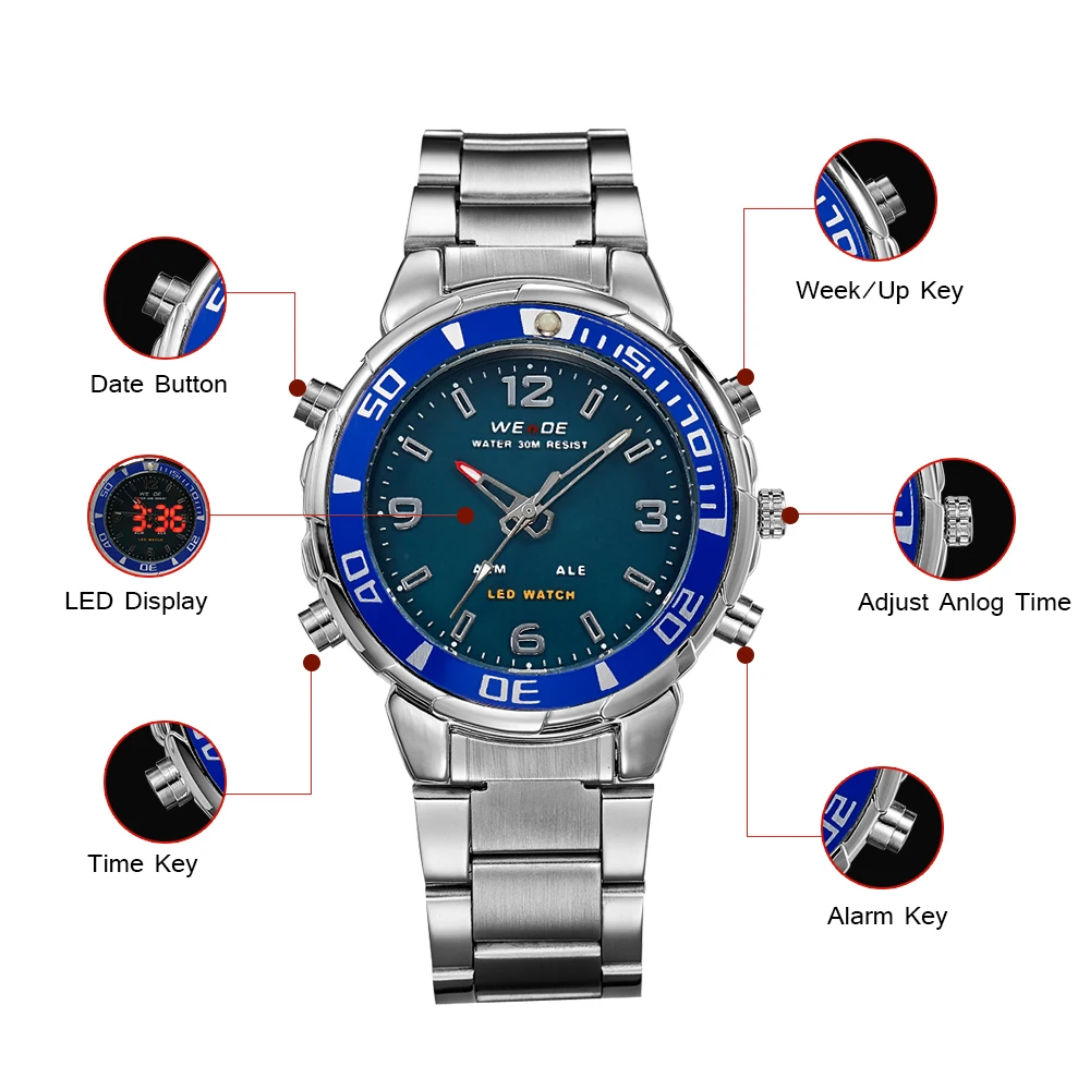 WEIDE кварцевые наручные спортивные часы Повседневная подлинные часы из нержавеющей стали Дата Цифровой светодиодный relogios mehanical рука ветер часы спортивные