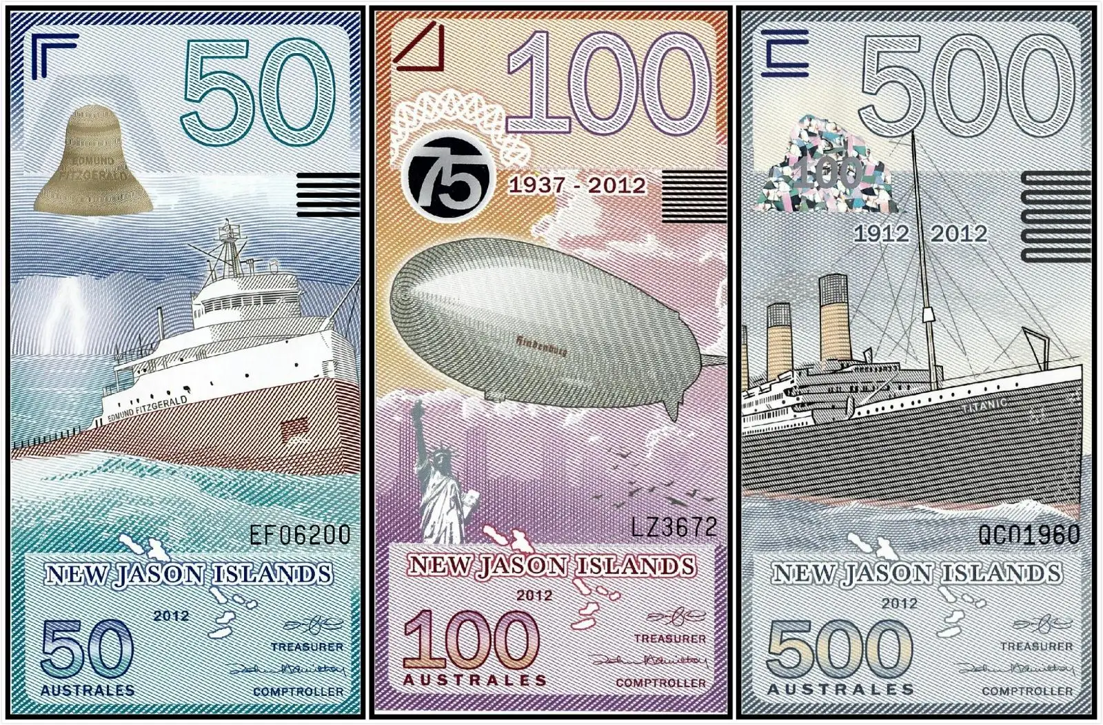Новые острова Джейсона набор 3 шт заметки 50 100 500 австралийские 2012 полимер