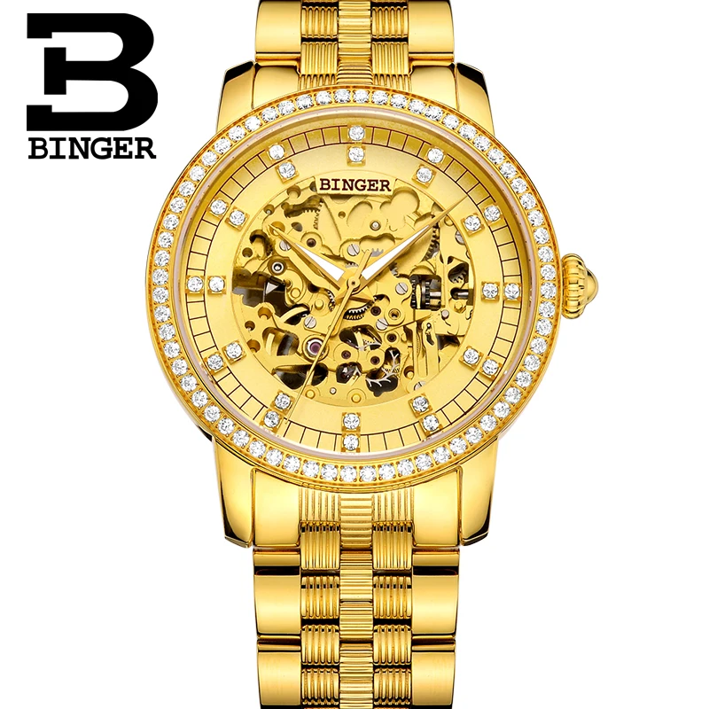BINGER Luxury 18k Gold-plated Automatic Mechanical Watches Classic Hollow Design Couple watches For Men And Women B-5051G