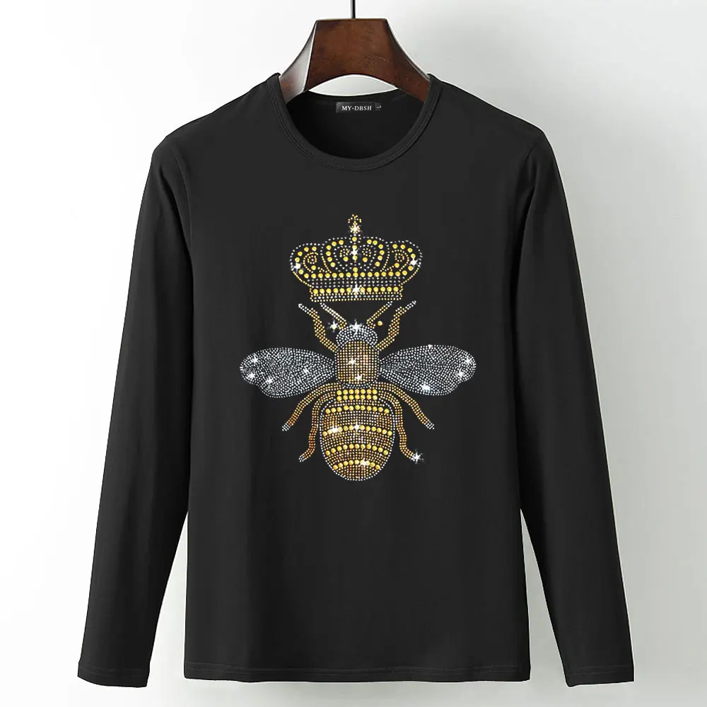 Корона пчелы рубашка Crewneck Футболка Горячая фиксация Стразы с принтом пчелы футболки мужские веганские кристалл алмаз футболка большого размера 5XL - Цвет: T008-O-Black