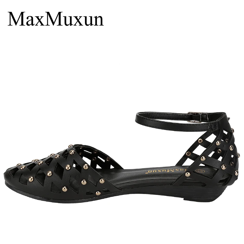 

MaxMuxun Womens Roman Ankle Strap Rivet Flat Sandals Summer Cage Closed Toe Gladiator Sandals Hollow Out Mesh Flats Female Shoes