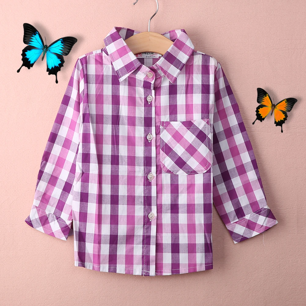 Spring Autumn Fashion Baby Kids Girls Cotton Tops Long Sleeve Checked Shirts Holiday Streewear Age 2-7Y | Детская одежда и обувь