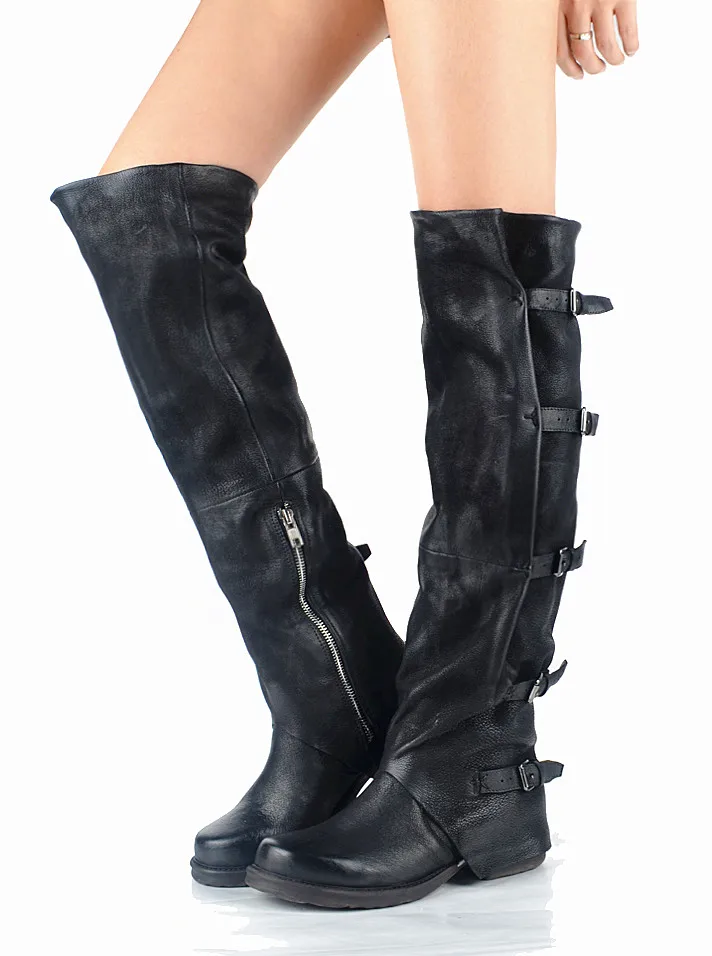 black leather in Prova Perfetto; Новинка года; женские ботфорты в винтажном стиле; зимние сапоги в жокейском стиле; обувь на плоской подошве; женская обувь на платформе; ботинки на молнии с пряжкой - Цвет: black leather in