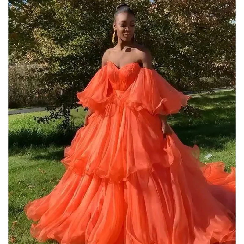 

2019 New Orange Long Prom Dresses Off the Shoulder Puffy Sleeves Tiered Ruffles Formal Evening Dress Sweep Train Robe de soiree