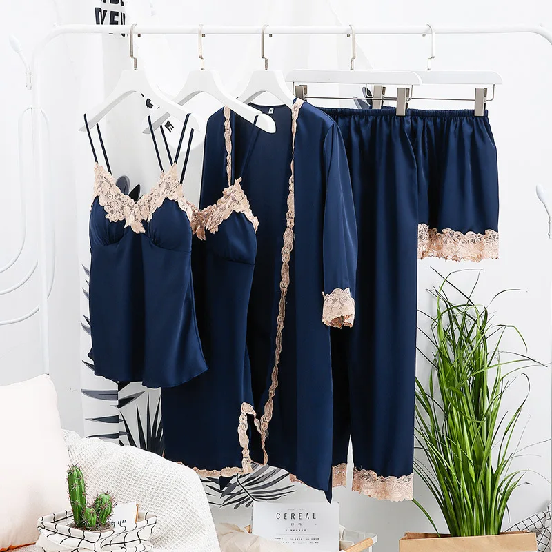 Новые 5 шт/упаковка шт./компл. Для женщин атласные пижамы шт сексуальные кружевные