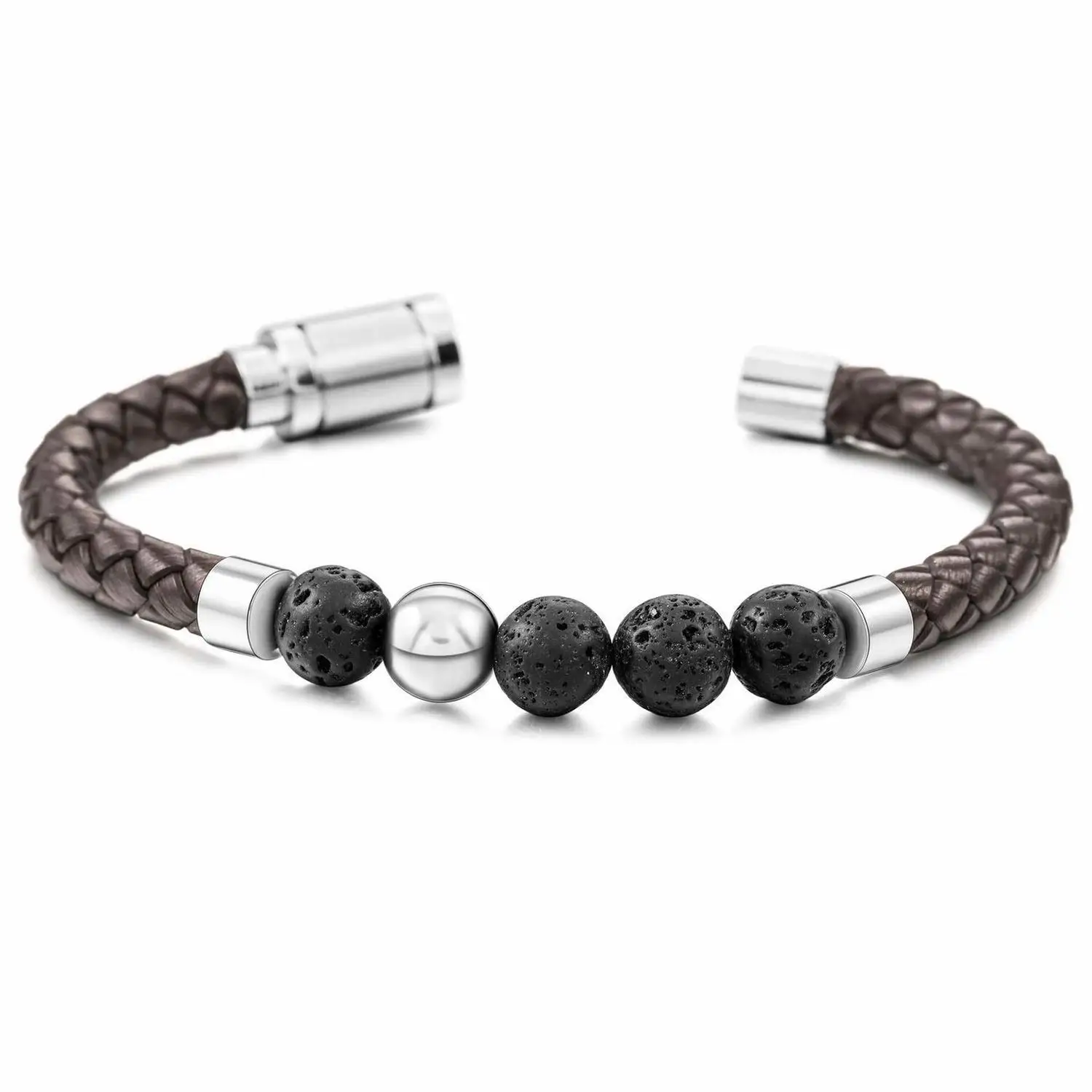 Мужской кожаный браслет с бусинами тигровый глаз из нержавеющей стали|Плетеные