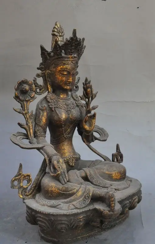 Старая тибетская медная позолоченная Джосс Зеленая Тара Кван-Инь Гуань Инь