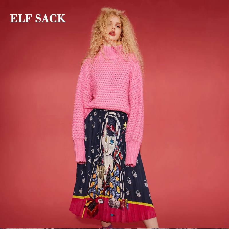 ELFSACK модная новинка шикарная Женская юбка с принтом кошек женские юбки до колена