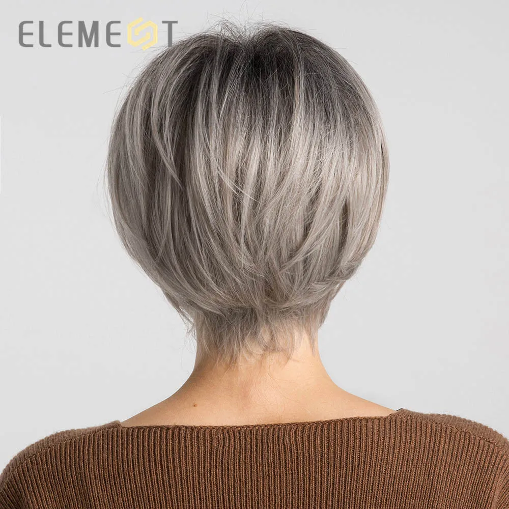 Element 6 дюймов Синтетические парики микс 50% человеческие волосы Омбре серый красный цвет левая сторона расставание натуральный головной убор Glueless парик для женщин - Цвет: Grey