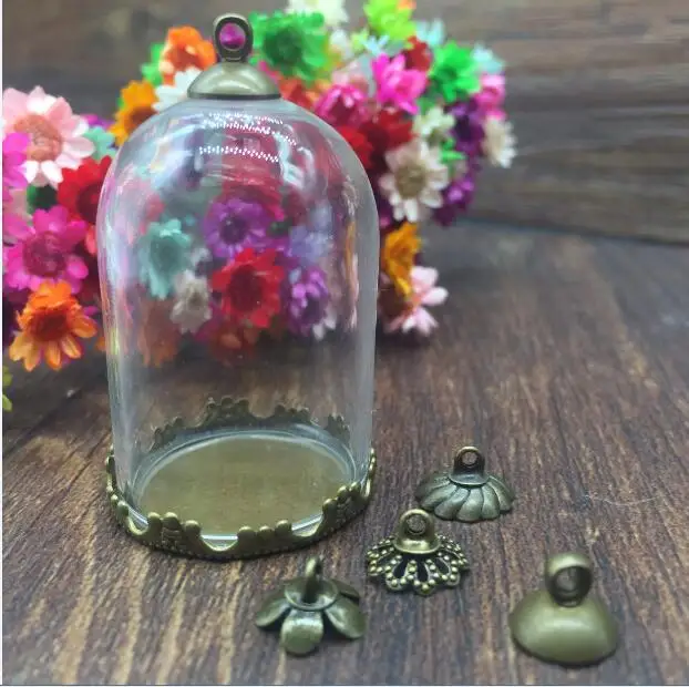 

100sets/lot 38*25mm tube glass globes bronze crown tray 8mm beads cap glass vial pendant necklace pendants handmade glass bottle