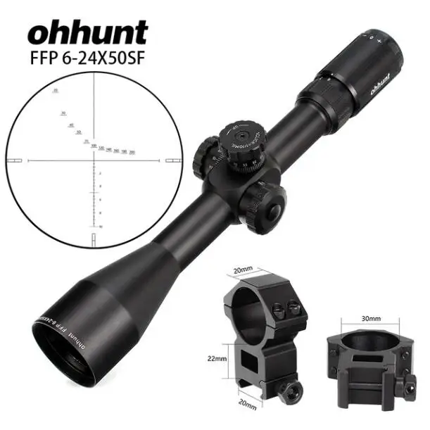 Ohhunt FFP 6-24X50 SF первый фокальный плоскостный прицел боковой Параллакс Стекло гравированный сетка замок сброс Охота тактический оптический прицел - Цвет: with picatinny rings
