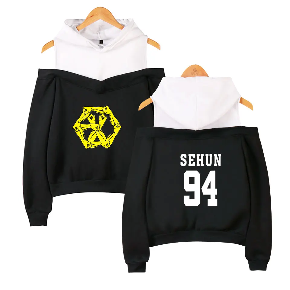 Женские толстовки с открытыми плечами Kpop EXO LU HAN SE HUN KAI повседневные сексуальные
