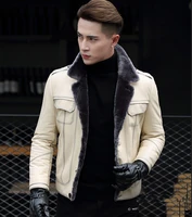 new brand mens genuine real sheepskin leather with natural wool lined coat jackets motorcycle white black plus size xxxxl 3xl