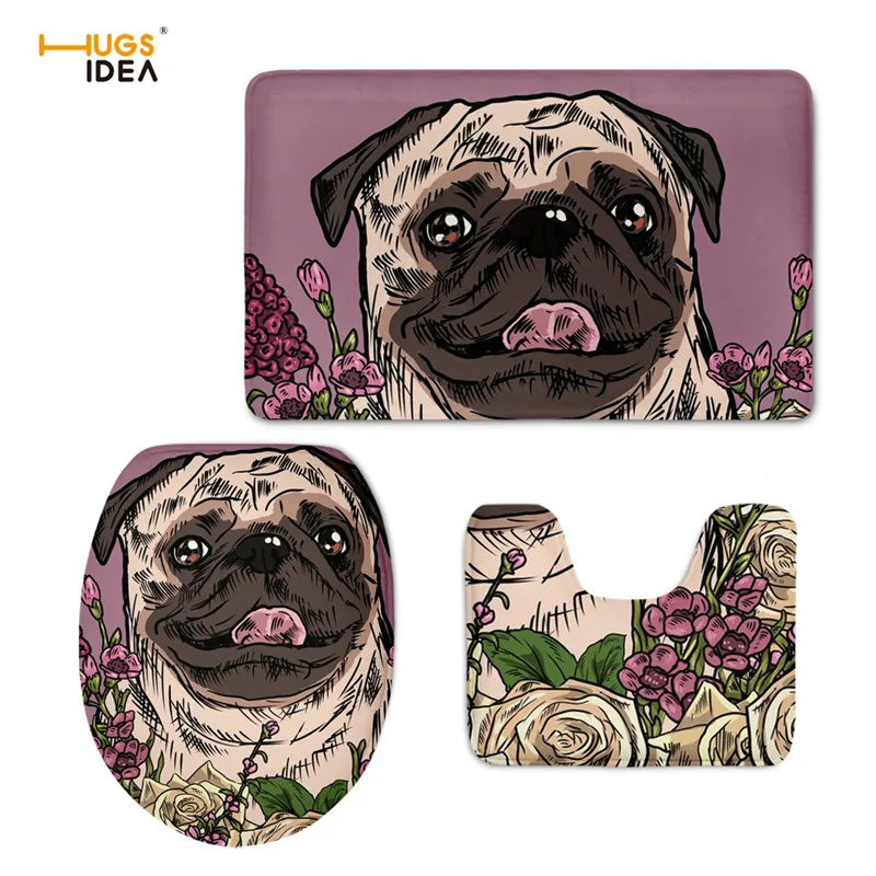 

HUGSIDEA Animal Pug Dog Toilet Seat Cover Illustrated Vizsla Warm WC Mat Bathroom Decor 3PCS/Set Eco Washable Floor Rugs Carpets