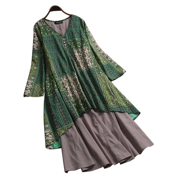

M-5XL retro print women long dress big size holiday beach boho maxi dress large size linen vestidos 2019 summer plus size dress